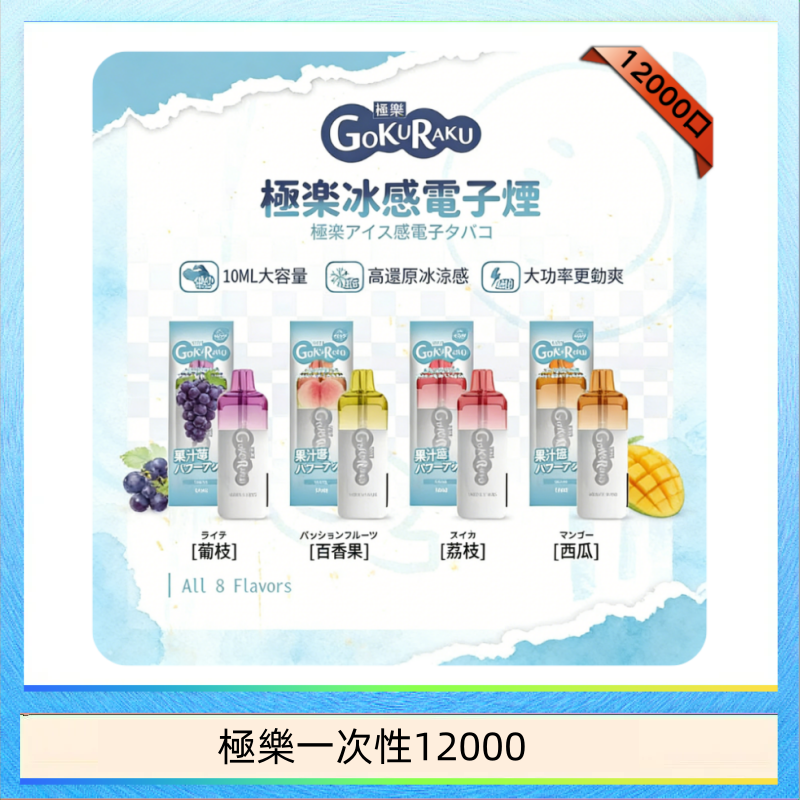 【8種口味】極楽 12000口一次性電子煙|超大容量 |口感絲滑|新品